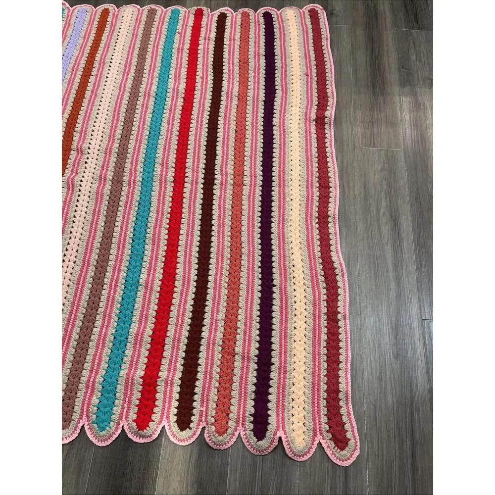 VTG 70s Handmade Crochet Afghan Blanket Striped Pink Retro Boho 65 X 79